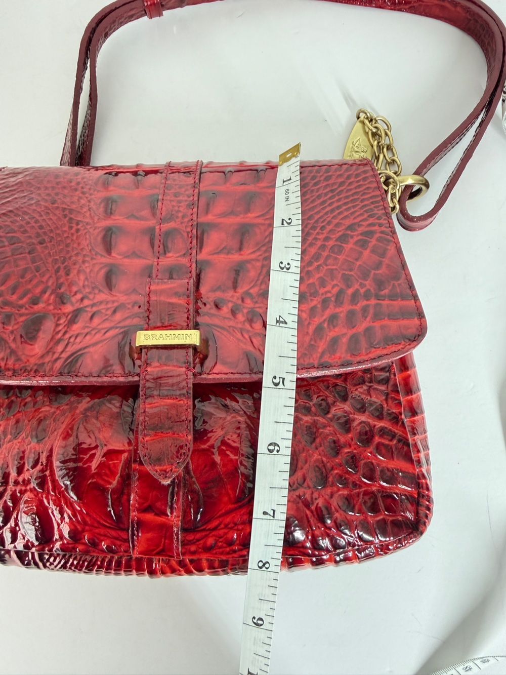 Vtg Brahmin Women's Shoulder Bag Red Croc Embossed Leather Small Gold Chain Lux - Picture 12 of 15